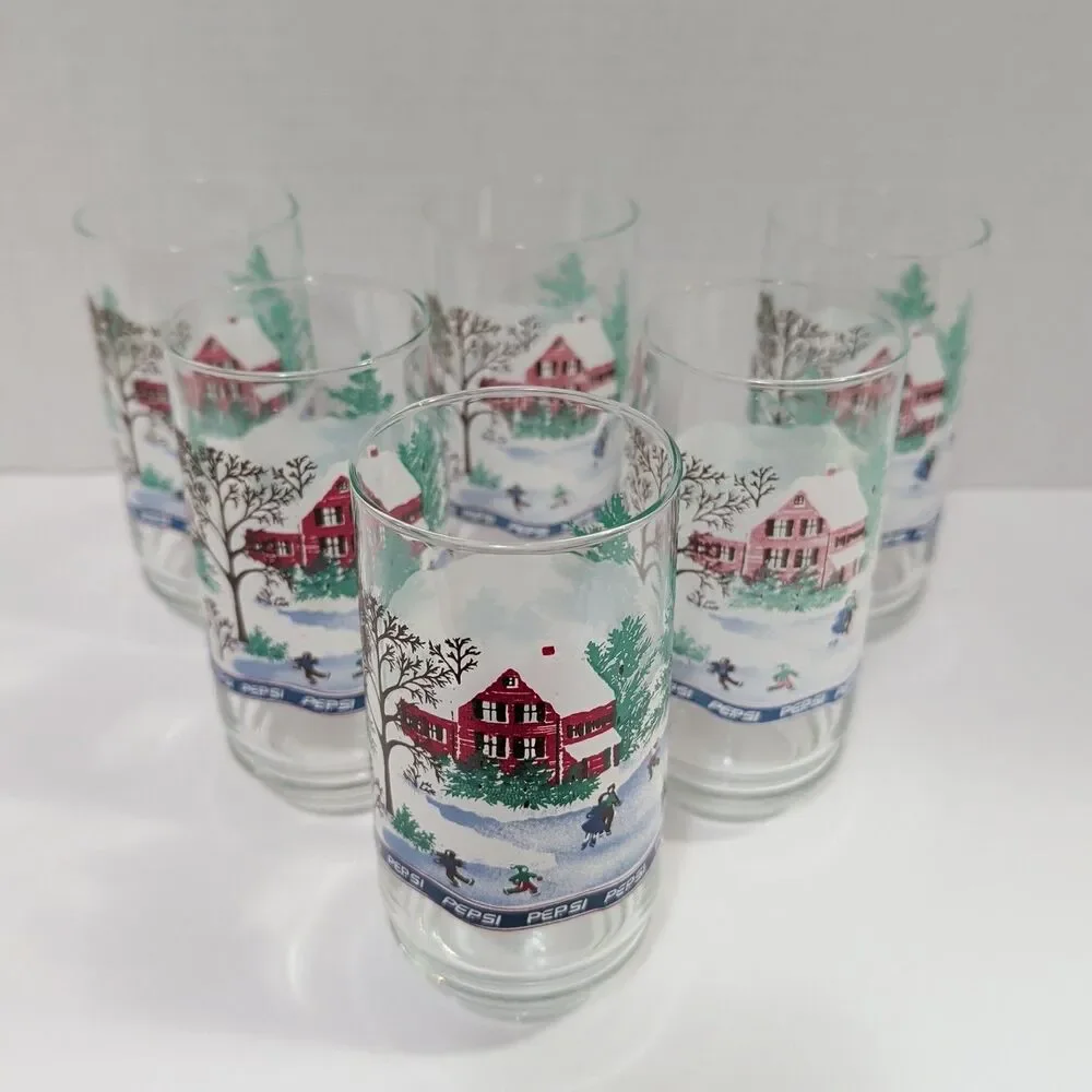 Vtg Pepsi Holiday 16oz Glasses Set of 6 Winter Cabin Snow Scene Retro